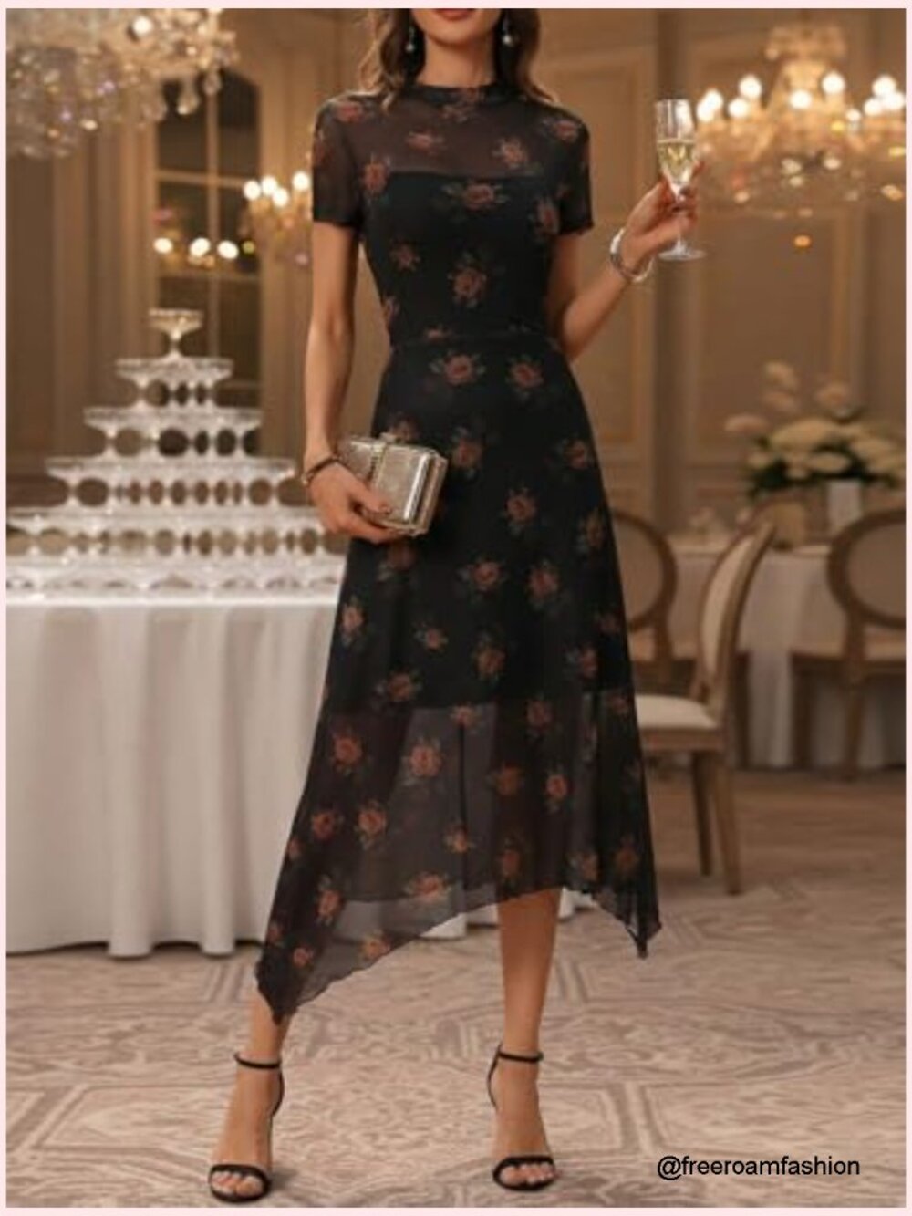 Floral Print Vintage Mesh Spliced Midi Dress with Irregular Hemline - Picture 3 of 7
